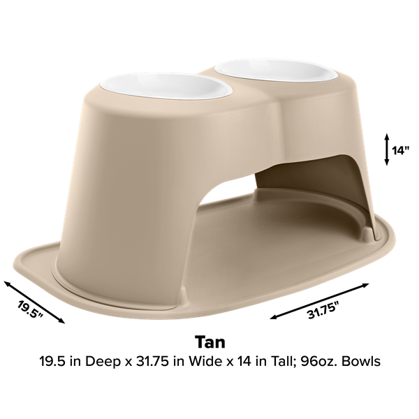 The WeatherTech Double Elevated Pet Feeding System by WeatherTech features two white, spill-proof 96 oz bowls on top of a tan base with an arched opening. Dimensions: 19.5"D x 31.75"W x 14"H.