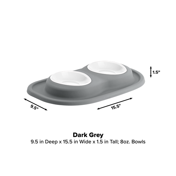 The WeatherTech Double Compact Pet Feeding System by Weathertech features white, ergonomic 8oz pet bowls on a dark grey tray (9.5"D x 15.5"W x 1.5"H)—a perfect space-saving feeder for your pets.