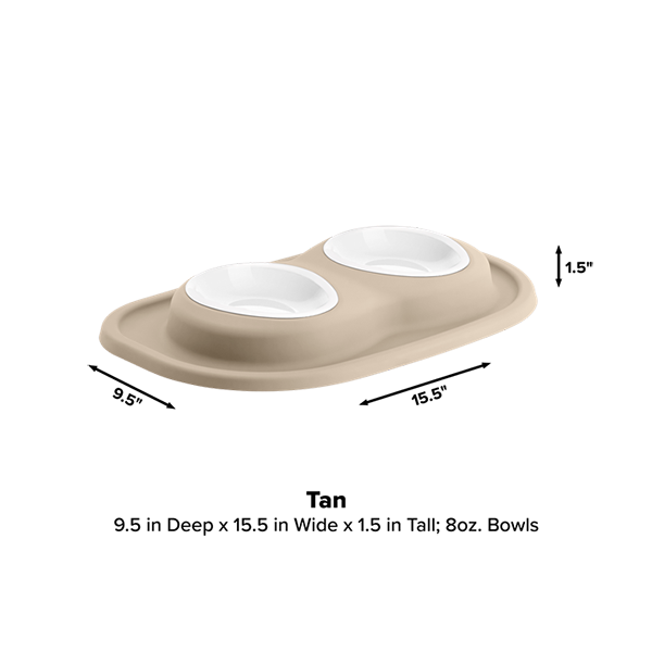 The WeatherTech Double Compact Pet Feeding System by Weathertech features ergonomic tan bowls and two white 8 oz bowls on a rectangular base (9.5"D x 15.5"W x 1.5"H), offering a space-saving design with measurements labeled on the image.