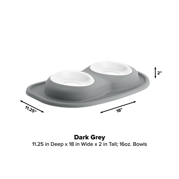 The WeatherTech Double Compact Pet Feeding System features two white 16oz ergonomic bowls on a dark grey tray (11.25"D x 18"W x 2"H) with raised edges and an oval shape for a space-saving, stylish pet feeder from WeatherTech.