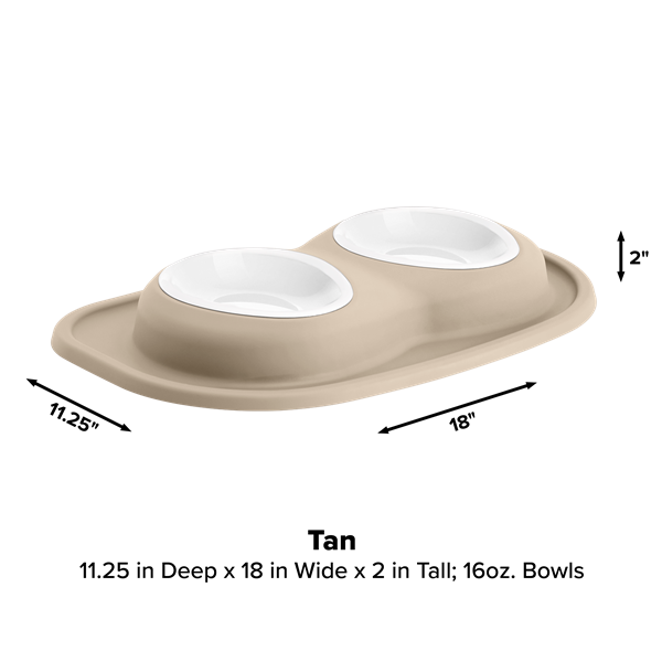 The WeatherTech Double Compact Pet Feeding System features ergonomic bowls on an oval base, measures 11.25" deep x 18" wide x 2" tall, each bowl holds 16 oz, and the color is labeled tan. Arrows indicate width and depth. Brand: WeatherTech.