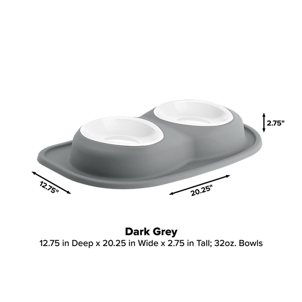 The WeatherTech Double Compact Pet Feeding System by WeatherTech is shown in dark grey with two white 32oz ergonomic bowls, measuring 12.75" D x 20.25" W x 2.75" H on a plain background with labeled dimensions, highlighting its space-saving design.