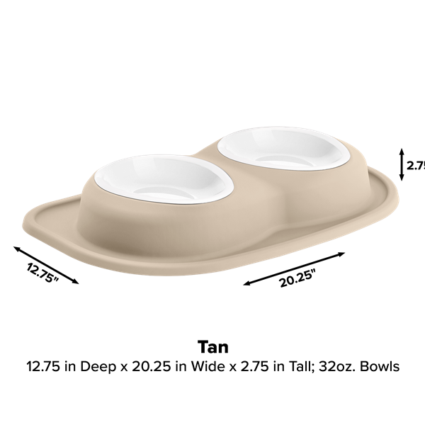 The WeatherTech Double Compact Pet Feeding System by WeatherTech sits on a matching base with ergonomic bowls, each holding 32 oz. Dimensions are 12.75" D x 20.25" W x 2.75" H; arrows and text show measurements on a white background.