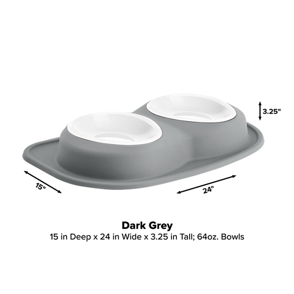 The WeatherTech Double Compact Pet Feeding System by WeatherTech features ergonomic grey and white bowls in a space-saving design, providing comfort and convenience for your pet.