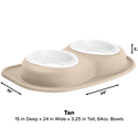 The WeatherTech Double Compact Pet Feeding System by Weathertech features white-interior bowls on an integrated tray. This space-saving feeder measures 15"D x 24"W x 3.25"H; each bowl holds 64 oz. Black arrows indicate the measurements.