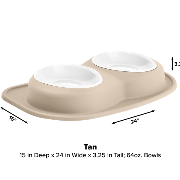 The WeatherTech Double Compact Pet Feeding System by Weathertech features white-interior bowls on an integrated tray. This space-saving feeder measures 15"D x 24"W x 3.25"H; each bowl holds 64 oz. Black arrows indicate the measurements.