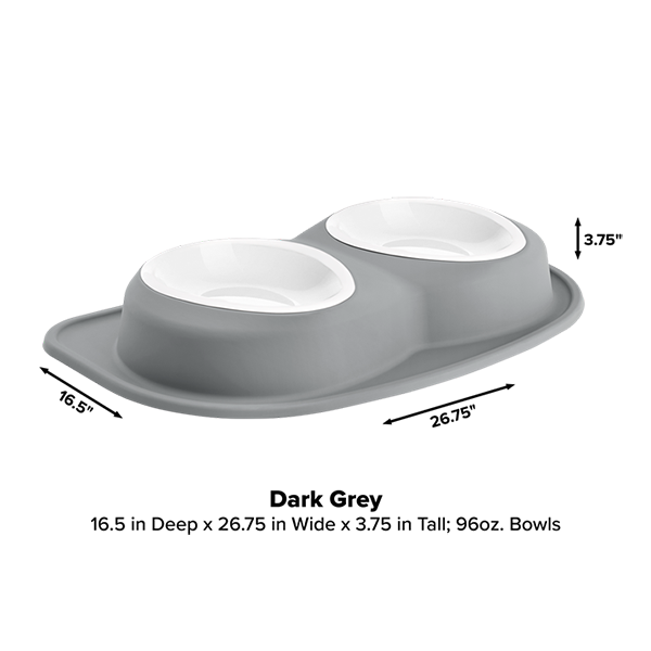 The WeatherTech Double Compact Pet Feeding System features a grey bowl with white rims, offering space-saving convenience and ergonomic pet bowls by WeatherTech.