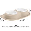The WeatherTech Double Compact Pet Feeding System by WeatherTech features two ergonomic white bowls on a tan base, measuring 16.5"D x 26.75"W x 3.75"H with 96 oz. bowls—space-saving with measurements shown in black text.