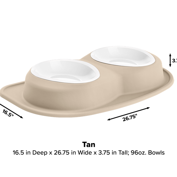 The WeatherTech Double Compact Pet Feeding System features two white ergonomic bowls on a tan rectangular base; space-saving feeder measures 16.5"D x 26.75"W x 3.75"H, with each bowl holding 96 ounces.