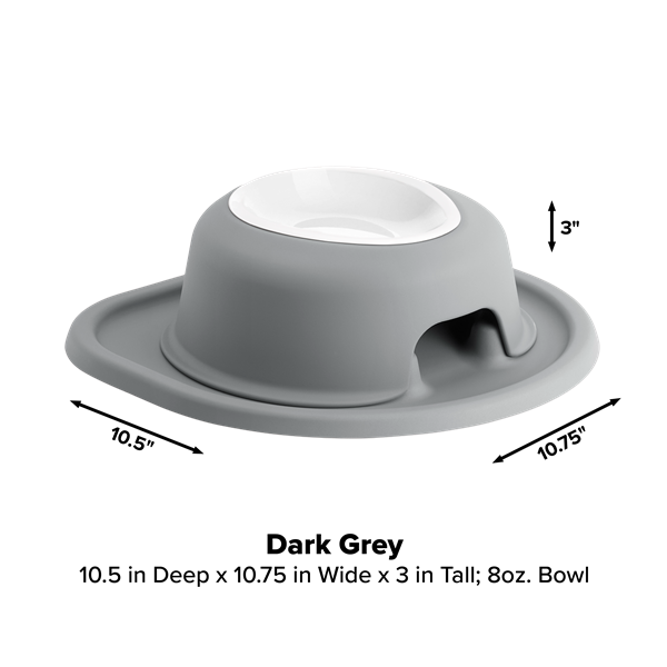 A WeatherTech Single Elevated Pet Feeding System by Weathertech, in dark grey with a white interior, sits on a matching mat. The bowl holds 8 oz and measures 10.5"D x 10.75"W x 3"H; arrows indicate its size and color details below.