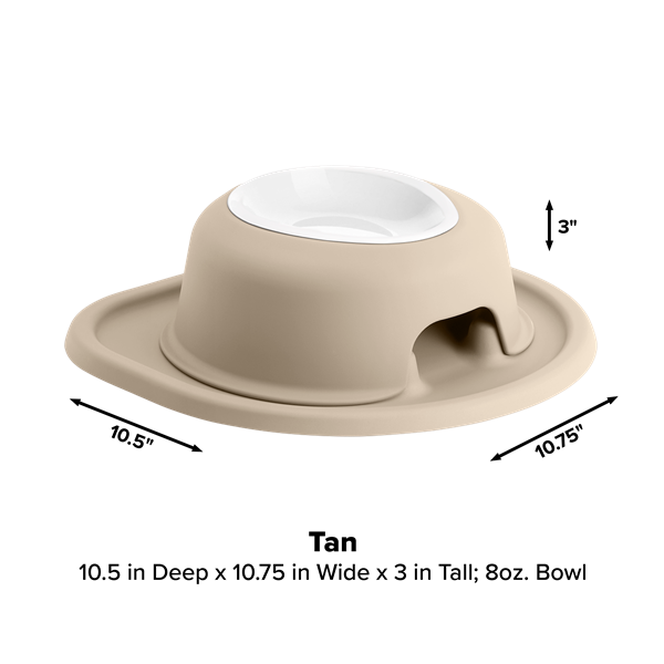 The WeatherTech Single Elevated Pet Feeding System by Weathertech is a tan, spill-proof pet bowl with a white rim.