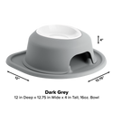 The WeatherTech Single Elevated Pet Feeding System by Weathertech features a dark grey raised base with a white 16 oz. bowl, measuring 12"D x 12.75"W x 4"H. Its ergonomic design and built-in mat offer a spill-proof feeding solution for your pet.