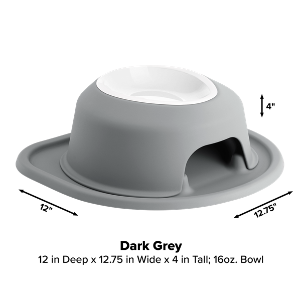The WeatherTech Single Elevated Pet Feeding System by Weathertech features a dark grey base with a white 16 oz. insert. Measuring 12" deep, 12.75" wide, and 4" tall, it offers ergonomic, spill-proof comfort for mess-free pet meals.