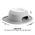 The WeatherTech Single Elevated Pet Feeding System features a light grey raised base with a white 16oz bowl, side opening, and spill-proof tray. Measures 12" deep, 12.75" wide, and 4" tall. The ergonomic bowl sits centered for easy feeding.