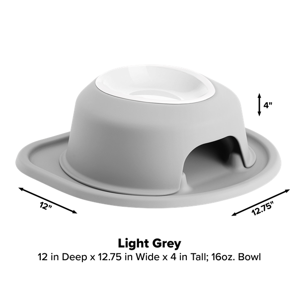 The WeatherTech Single Elevated Pet Feeding System features a light grey raised base with a white 16oz bowl, side opening, and spill-proof tray. Measures 12" deep, 12.75" wide, and 4" tall. The ergonomic bowl sits centered for easy feeding.