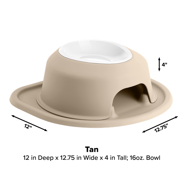 The WeatherTech Single Elevated Pet Feeding System is tan with a white ergonomic 16 oz bowl, covered storage space underneath, and a wide spill-proof base. Dimensions: 12" D x 12.75" W x 4" H.