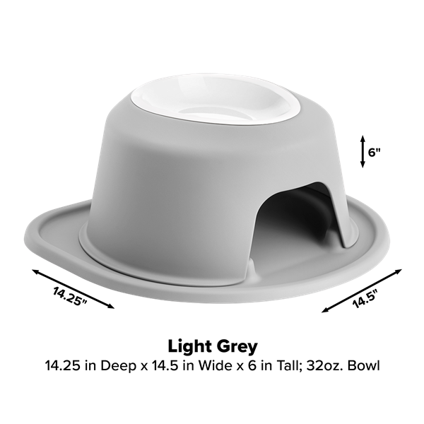 The WeatherTech Single Elevated Pet Feeding System by WeatherTech is a light grey, ergonomic bowl with a raised stand, curved entrance, and smooth base. It measures 14.25" deep, 14.5" wide, 6" tall, and holds up to 32 oz for comfortable pet feeding.