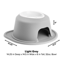 The WeatherTech Single Elevated Pet Feeding System by WeatherTech features a light grey ergonomic bowl with a white interior and arched base. Dimensions: 14.25" D x 14.5" W x 6" H; holds 32 oz. Black arrows show measurements for this elevated feeder.