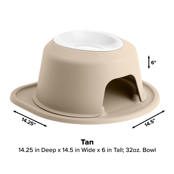 The WeatherTech Single Elevated Pet Feeding System features a tan base with a white, ergonomic bowl (32 oz), arched opening for easy access, and wide base. Measures 14.25"D x 14.5"W x 6"H; black arrows indicate dimensions. Brand: WeatherTech.