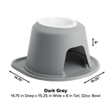 The WeatherTech Single Elevated Pet Feeding System by Weathertech is a dark grey feeder with a white ergonomic 32oz bowl, archway opening below, and measures 14.75" deep, 15.25" wide, and 8" tall.
