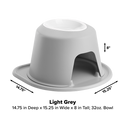 The WeatherTech Single Elevated Pet Feeding System by Weathertech is a light grey ergonomic bowl with a curved base opening, measuring 14.75" deep, 15.25" wide, 8" tall, and holds a 32 oz. bowl.