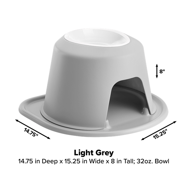 The WeatherTech Single Elevated Pet Feeding System by Weathertech is a light grey ergonomic bowl with a curved base opening, measuring 14.75" deep, 15.25" wide, 8" tall, and holds a 32 oz. bowl.