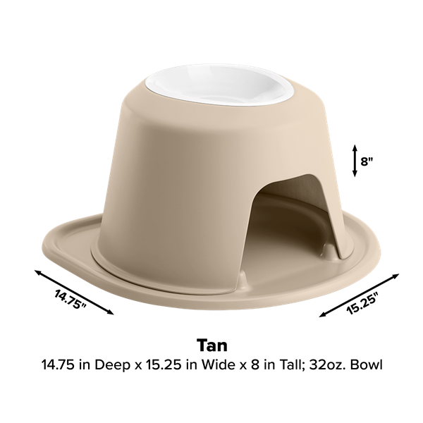The WeatherTech Single Elevated Pet Feeding System features a tan stand with an integrated mat, an arched entry, and a white 32oz ergonomic bowl. Dimensions: 14.75"D x 15.25"W x 8"H. The bowl sits above open space for elevated feeding.