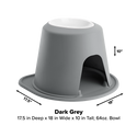 The WeatherTech Single Elevated Pet Feeding System by Weathertech features a dark grey base with a shaded cutout entry, a wide 17.5"D x 18"W x 10"H design, and a white spill-proof bowl on top that holds up to 64 oz.