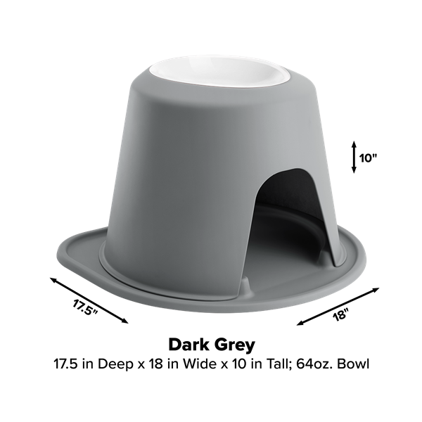 The WeatherTech Single Elevated Pet Feeding System by Weathertech features a dark grey base with a shaded cutout entry, a wide 17.5"D x 18"W x 10"H design, and a white spill-proof bowl on top that holds up to 64 oz.