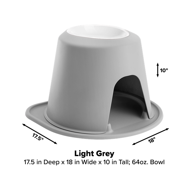 The WeatherTech Single Elevated Pet Feeding System is a light grey raised feeder by Weathertech featuring a 64 oz spill-proof bowl, rounded base, arched opening, and measures 17.5" deep x 18" wide x 10" tall.