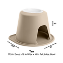 The WeatherTech Single Elevated Pet Feeding System by WeatherTech features a tan, spill-proof 64oz bowl on a wide base with arched opening. Dimensions: 17.5" deep, 18" wide, and 10" tall—black arrows indicate length and width.