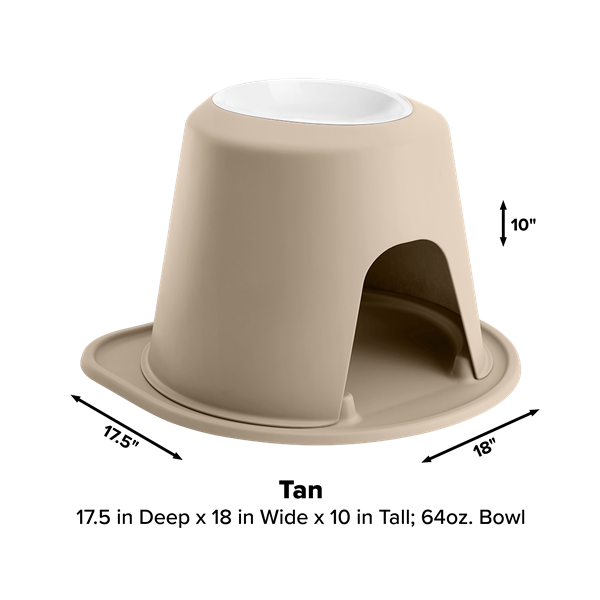 The WeatherTech Single Elevated Pet Feeding System by Weathertech is tan with a stable base, arched entry, and white 64oz spill-proof bowl. Measures 17.5" deep, 18" wide, 10" tall; black arrows highlight height and width.