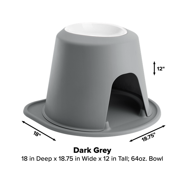 The WeatherTech Single Elevated Pet Feeding System by Weathertech features a dark grey base with a spill-proof white bowl (64 oz), measuring 18"D x 18.75"W x 12"H, and includes a semi-circular opening below for easy access.