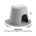 The WeatherTech Single Elevated Pet Feeding System features a light grey base with an arched opening, a 64 oz. white bowl on top, and black labeled measurements. Dimensions: 18" D x 18.75" W x 12" H. Brand: Weathertech.