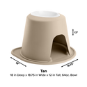 The WeatherTech Single Elevated Pet Feeding System by Weathertech features a tan base with an arch-shaped opening, spill-proof design, and a white ergonomic 64oz bowl. Measures 18" D x 18.75" W x 12" H.