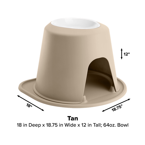 The WeatherTech Single Elevated Pet Feeding System by Weathertech features a tan base with an arch-shaped opening, spill-proof design, and a white ergonomic 64oz bowl. Measures 18" D x 18.75" W x 12" H.