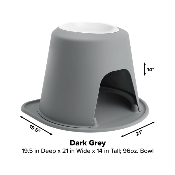 The WeatherTech Single Elevated Pet Feeding System by WeatherTech is a dark grey, spill-proof pet bowl with an arched underside. Measures 19.5" deep, 21" wide, 14" tall with a 96 oz bowl. Arrows show dimensions.