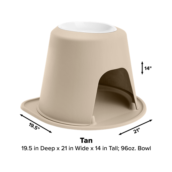 The WeatherTech Single Elevated Pet Feeding System by WeatherTech features an ergonomic 96 oz pet bowl, arched opening below, and wide stable base. Dimensions: 19.5" deep, 21" wide, and 14" tall. Color: Tan.