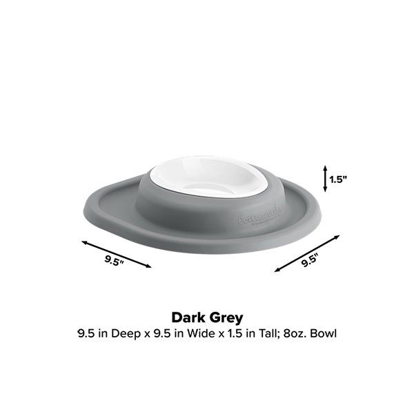 The WeatherTech Single Compact Pet Feeding System by Weathertech is a dark grey ergonomic dog bowl with a white inner dish, wide base, and shallow 8 oz. capacity (9.5"x9.5"x1.5"), shown on a plain light background.