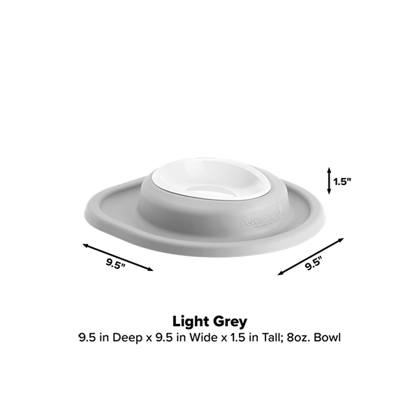 The WeatherTech Single Compact Pet Feeding System by Weathertech is a light grey, ergonomic dog bowl with a wide non-slip base, measuring 9.5" x 9.5" x 1.5" and holding 8 oz. Size and color details appear below its image.