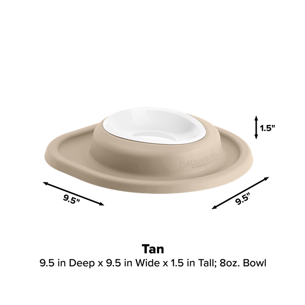 The WeatherTech Single Compact Pet Feeding System by WeatherTech features a tan ergonomic bowl with a white inner dish and wide, spill-proof base; measures 9.5" deep x 9.5" wide x 1.5" tall and holds up to 8 oz—dimensions shown for easy reference.