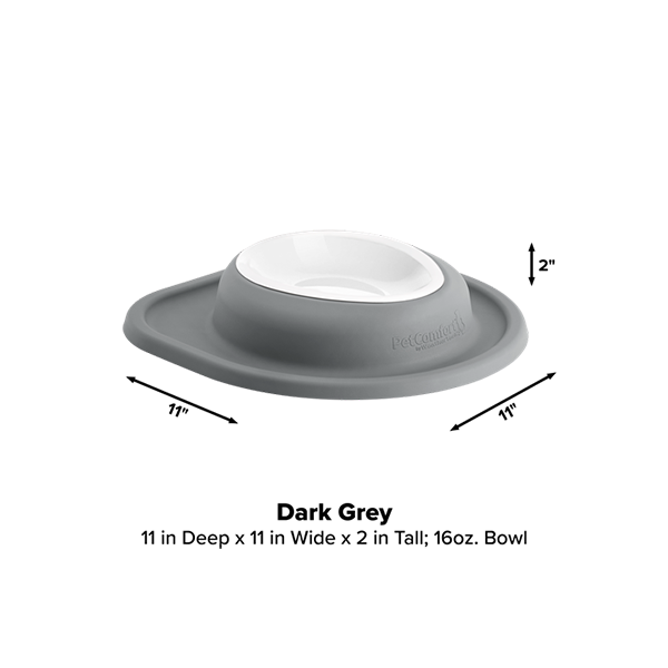 The WeatherTech Single Compact Pet Feeding System by Weathertech features a dark grey ergonomic bowl with a white interior on a matching mat. It measures 11" x 11" x 2", holds 16 oz, and is shown with arrows for dimensions against a white background.