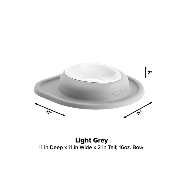 The WeatherTech Single Compact Pet Feeding System is a light grey ergonomic dog bowl with a white interior (11"x11"x2"), holds 16 oz, sits on a matching grey base, and is proudly made in America.