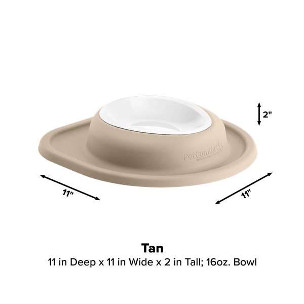 The WeatherTech Single Compact Pet Feeding System by Weathertech features a splash-proof rim and wide tan base, measures 11"x11"x2", and holds 16 oz—perfect for neat, convenient mealtimes.