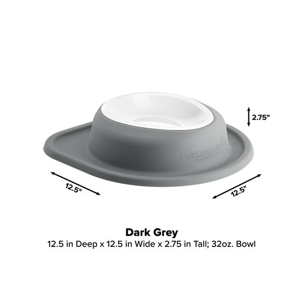 The WeatherTech Single Compact Pet Feeding System by WeatherTech is a dark grey and white ergonomic dog bowl with a wide, non-slip base; 12.5" diameter, 2.75" tall, holds 32 oz. Made in America. Product details shown in image.
