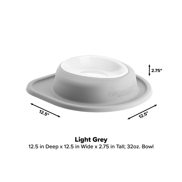The WeatherTech Single Compact Pet Feeding System by Weathertech is a light grey, ergonomic bowl with a white interior, wide base, and 32 oz capacity. It measures 12.5" x 12.5" x 2.75", with dimensions and color clearly shown in the product image.