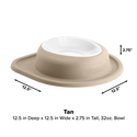 The WeatherTech Single Compact Pet Feeding System by Weathertech is a tan ergonomic dog bowl with a wide, flat base and white removable insert, measuring 12.5"x12.5"x2.75" and holding up to 32 ounces.