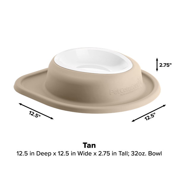 The WeatherTech Single Compact Pet Feeding System by WeatherTech is a tan bowl with a white interior, wide base, and raised rim. It measures 12.5" deep and wide, 2.75" tall, holds 32 oz, and is made in America. Arrows indicate measurements.
