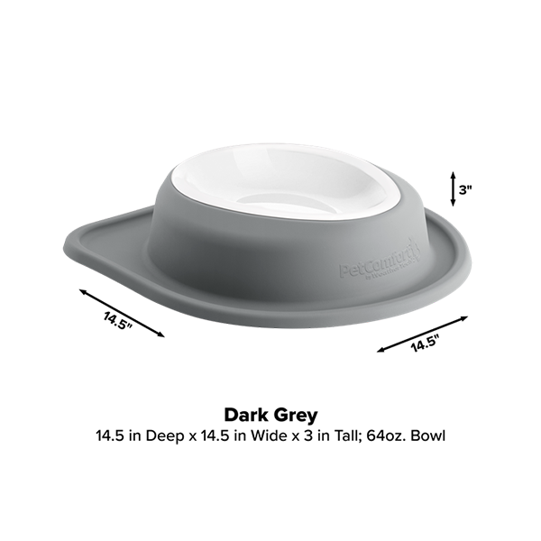 The WeatherTech Single Compact Pet Feeding System by WeatherTech, shown on a flat surface, is a dark grey non-slip ergonomic dog bowl with a white interior, measuring 14.5" wide/deep, 3" tall, and holding 64 oz; dimensions are labeled around the bowl.