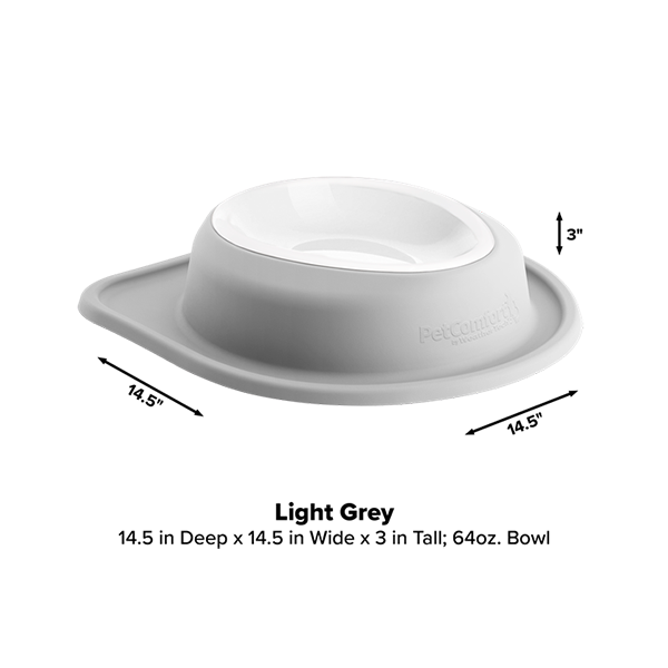 The WeatherTech Single Compact Pet Feeding System by Weathertech includes a light grey ergonomic dog bowl (14.5" x 14.5" x 3", 64oz) on a matching mat, with dimensions and color labeled on a plain white background.
